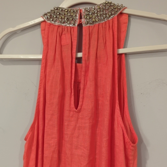 120% Lino Maxi Dress Linen Coral Beaded Neck size 42 (Small) - Picture 8 of 9